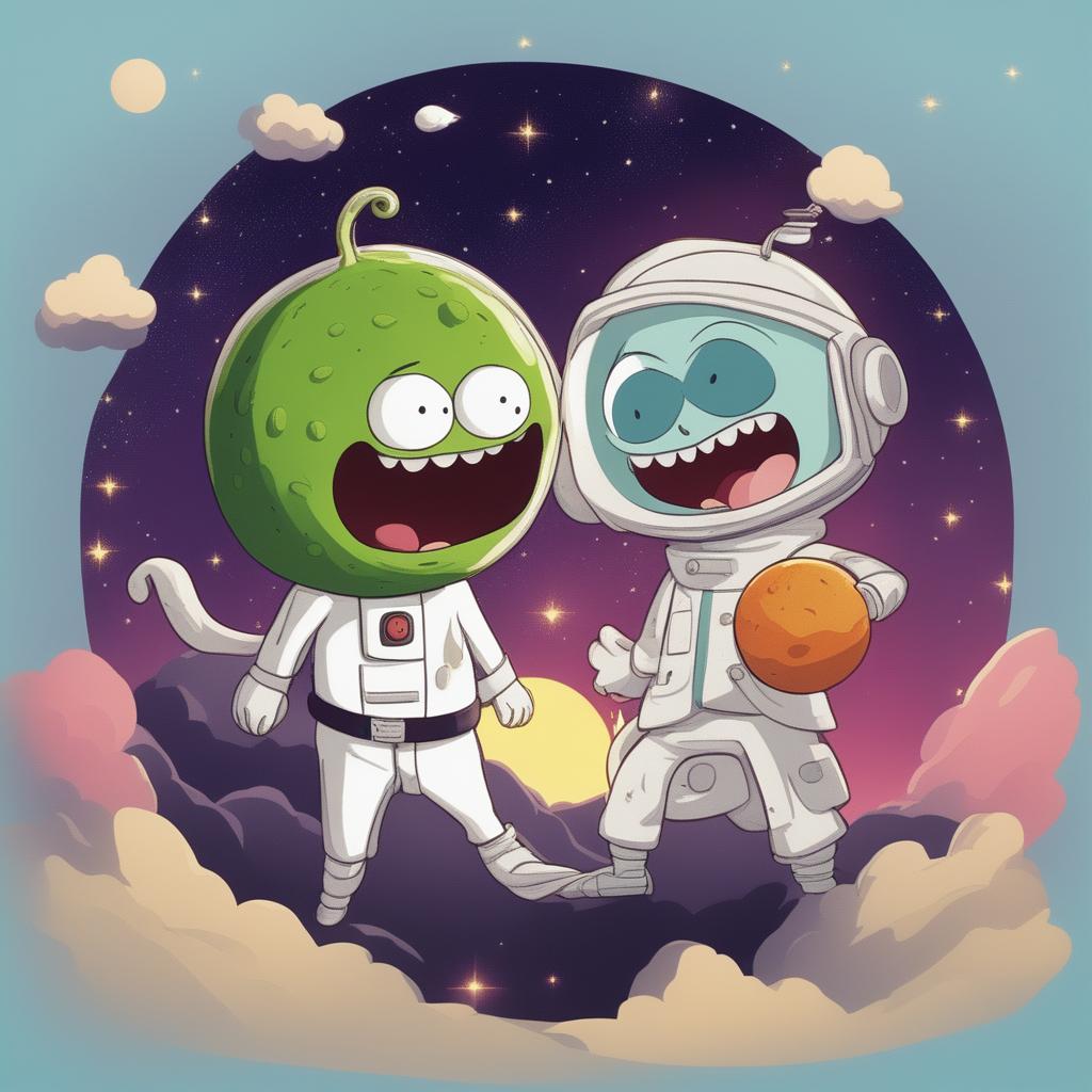 A high-quality digital art depicting a scene of Pickle Rick from 'Rick and Morty' and Kid Goku from 'Dragonball' ready for a battle in space