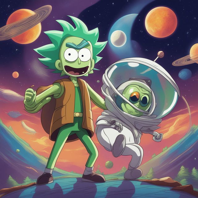 A high-quality digital art depicting a scene of Pickle Rick from 'Rick and Morty' and Kid Goku from 'Dragonball' ready for a battle in space