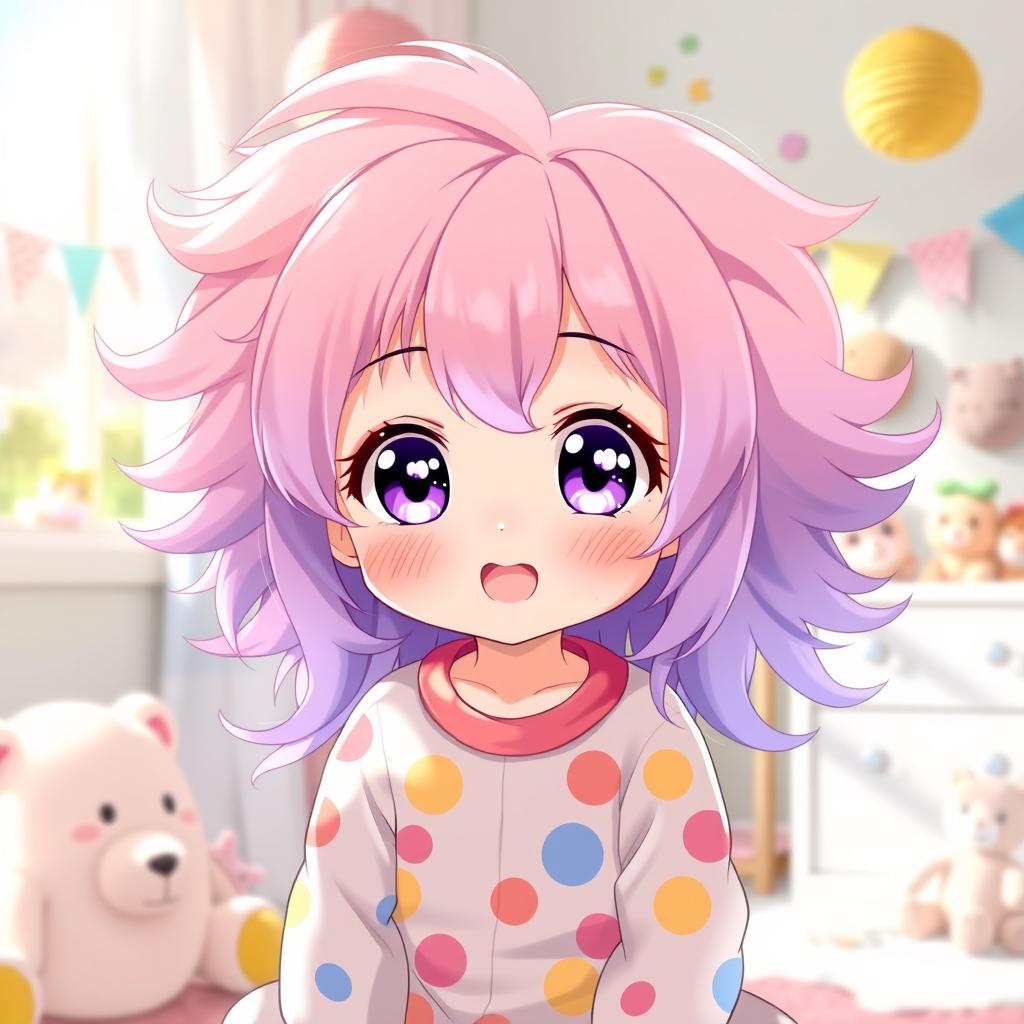 A delightful and adorable anime girl depicted as a baby, with soft, fluffy hair in shades of aurora that blend beautifully into pastels, showcasing pinks, purples, and blues