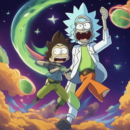 A high-quality digital art depicting a scene of Pickle Rick from 'Rick and Morty' and Kid Goku from 'Dragonball' ready for a battle in space