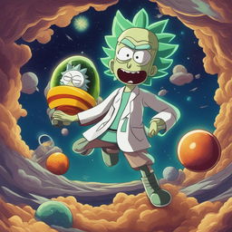 A high-quality digital art depicting a scene of Pickle Rick from 'Rick and Morty' and Kid Goku from 'Dragonball' ready for a battle in space