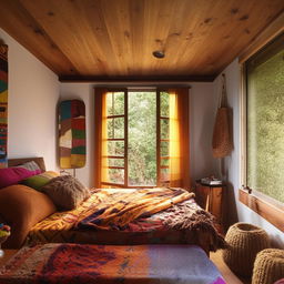 Brightly lit modern boho bedroom with a large window, wooden bed, and vibrantly colored furnishings in a perfectly arranged interior design setting.