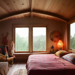 Brightly lit modern boho bedroom with a large window, wooden bed, and vibrantly colored furnishings in a perfectly arranged interior design setting.