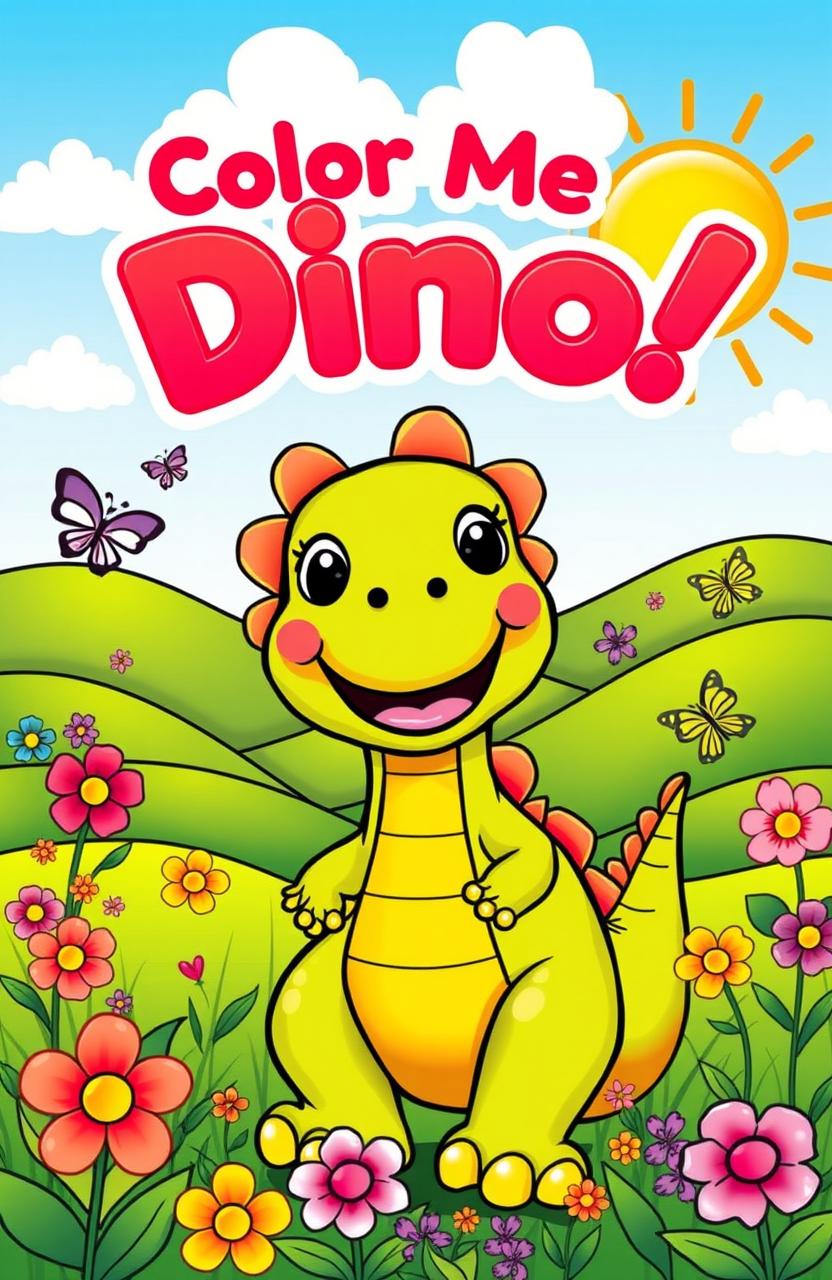 A whimsical children's coloring book cover featuring a friendly and colorful cartoon dinosaur with a big smile, surrounded by blooming flowers, butterflies, and a bright sun