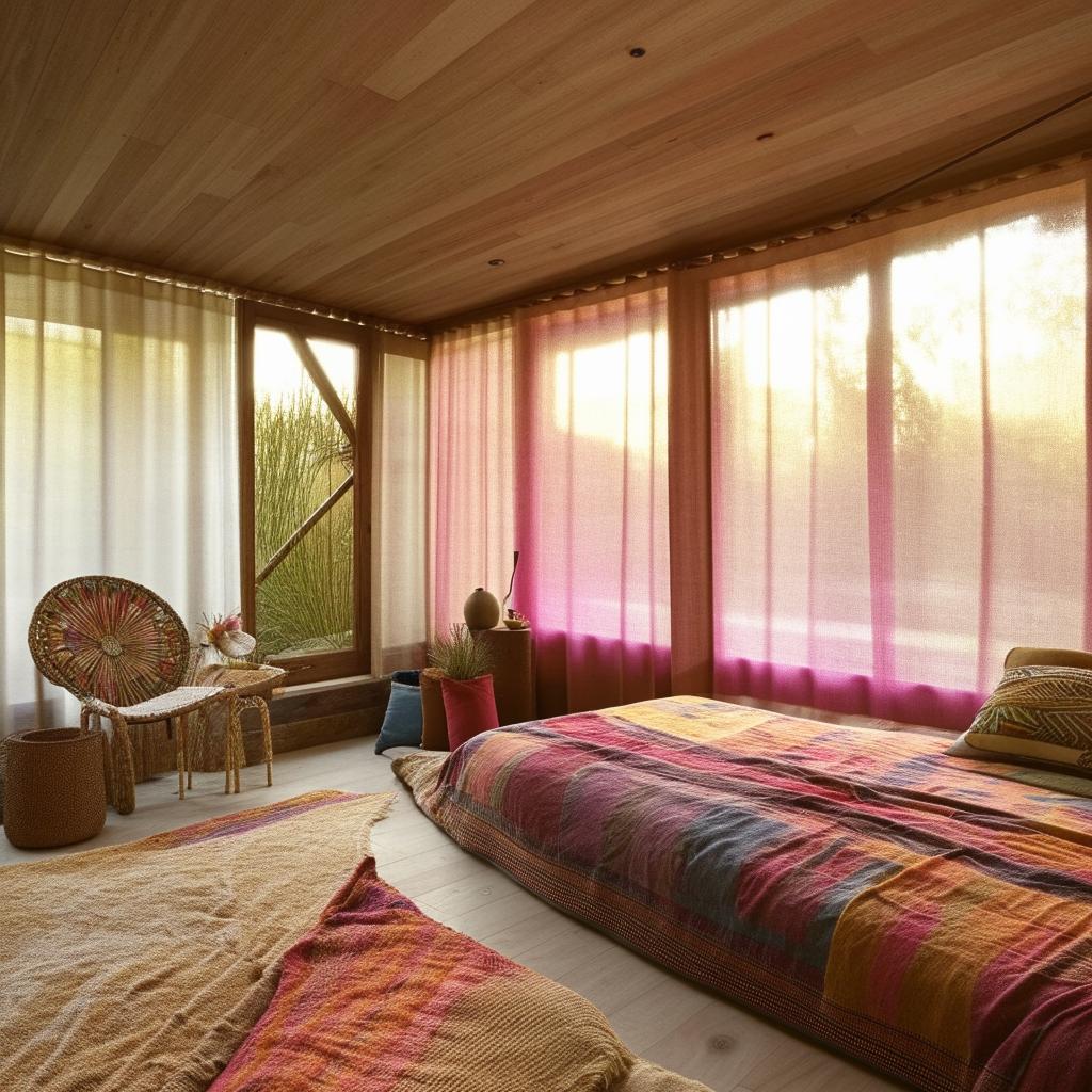 Brightly lit modern boho bedroom with a large window, wooden bed, and vibrantly colored furnishings in a perfectly arranged interior design setting.