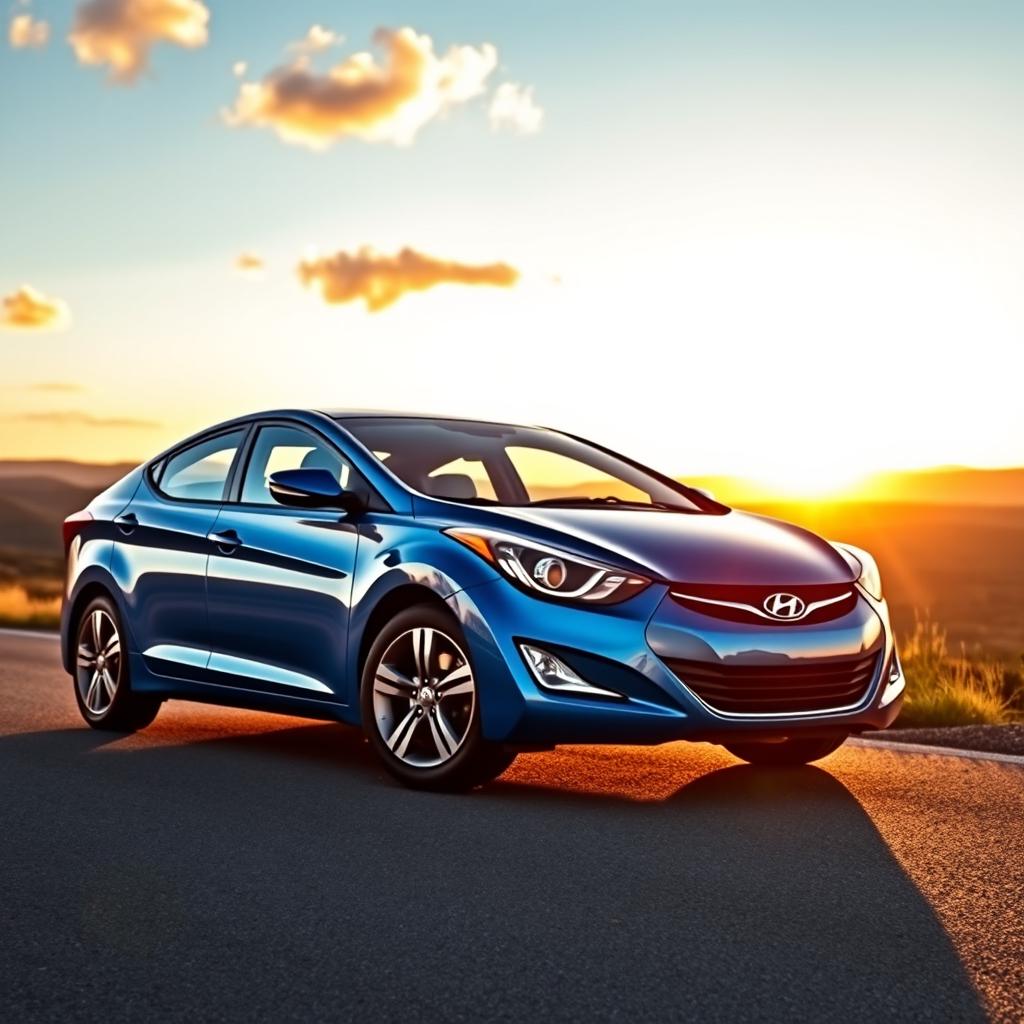 A stunning 2013 Celeste Blue Hyundai Elantra parked on a scenic road during the golden hour, the sunlight reflecting off its sleek curves and vibrant color