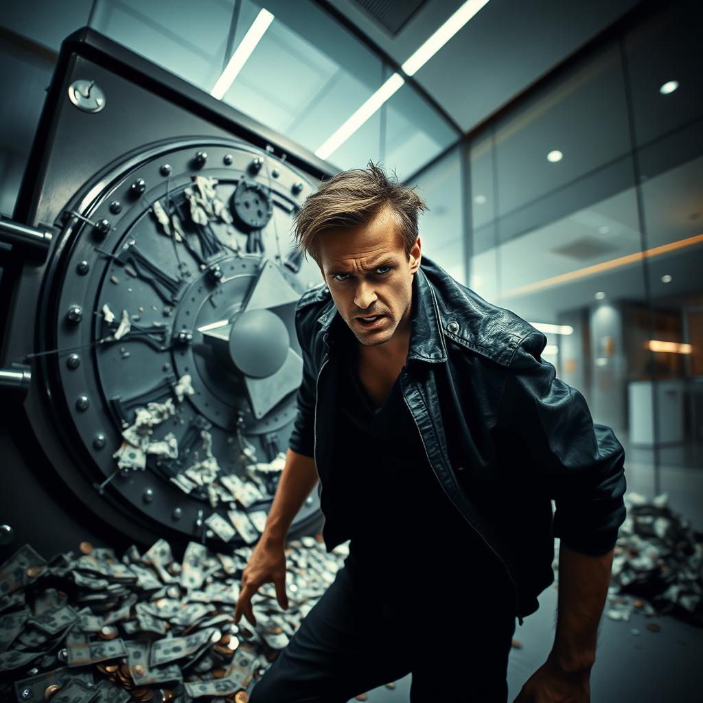 A dynamic scene of a man with an intense expression of anger and frustration, standing beside a shattered bank vault