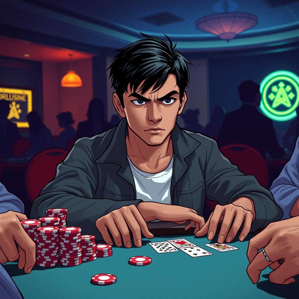 An illustration of a determined person sitting at a poker table, focused and strategizing as they try to recover the money they lost in previous games