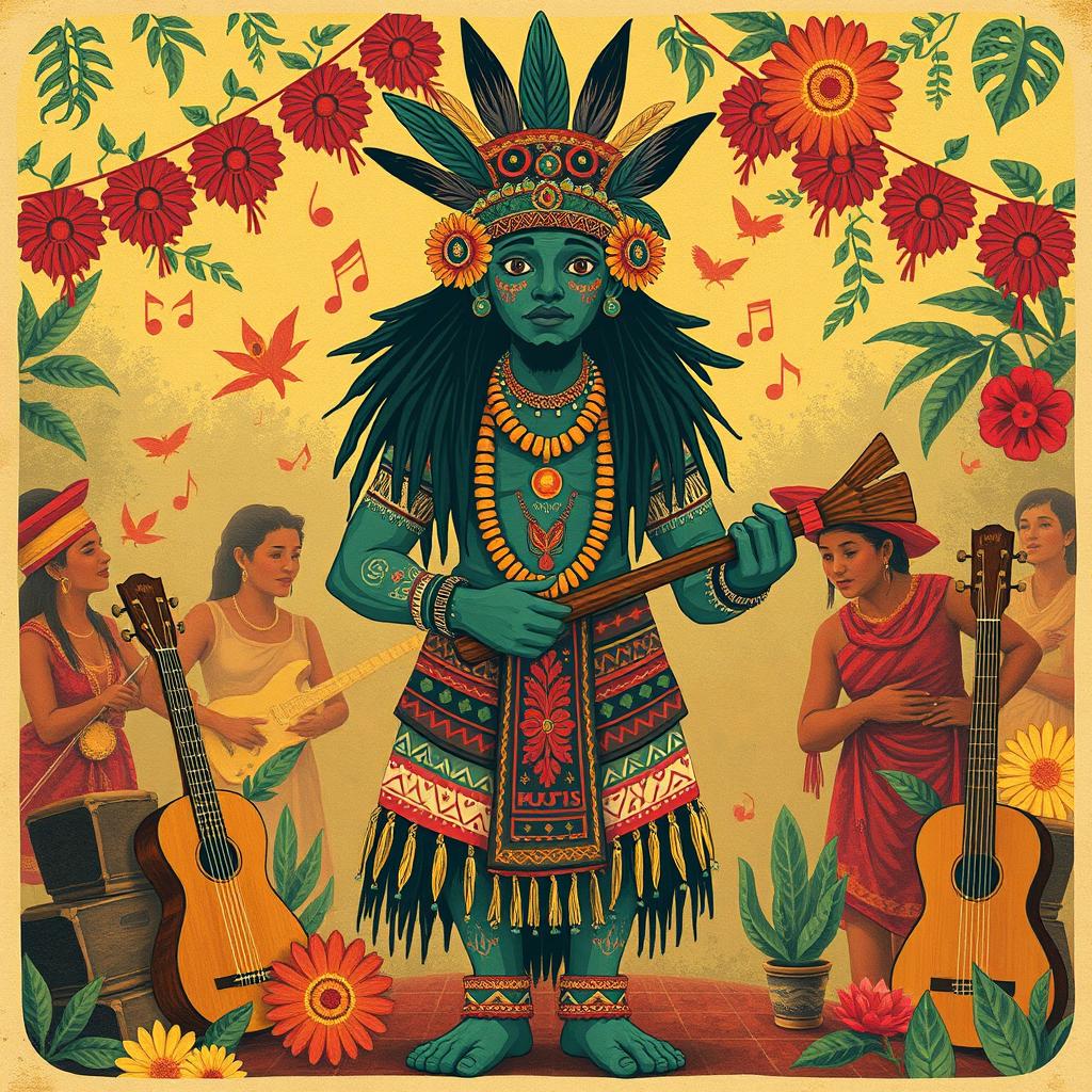 A retro-style illustration of Yuruparí, the supernatural being from Colombia who brings knowledge and teachings about music, singing, and rituals