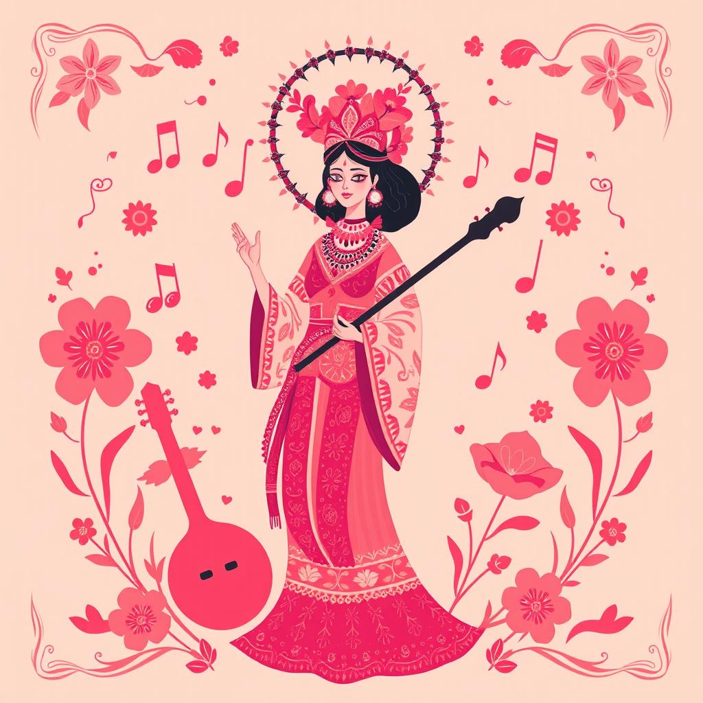 A retro-style illustration of Yuruparí, a supernatural deity known for bringing knowledge and teachings about music, singing, and rituals in Colombia