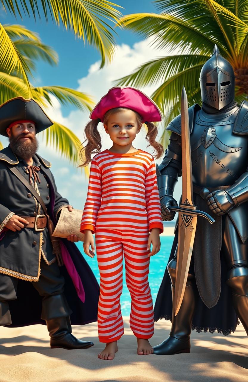 A hyper-realistic scene featuring a young girl with pigtails, dressed in vibrant orange and pink striped pyjamas, standing confidently between a fearsome pirate with a tricorn hat and a valiant knight in shining armor