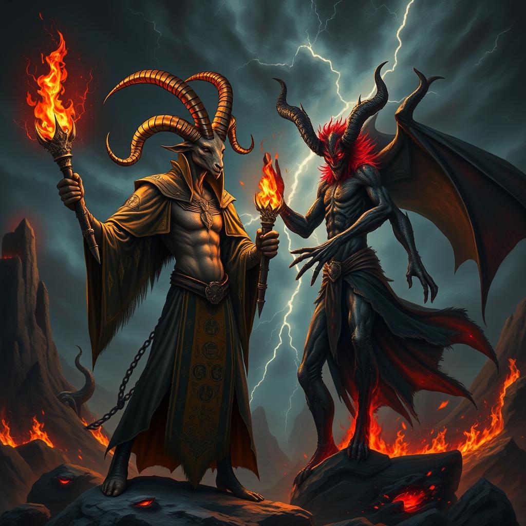 A dramatic confrontation scene between Baphomet, depicted as a goat-headed figure with an androgynous body, wearing a robe with intricate symbols and holding a torch, against Satan, portrayed as a dark, horned entity with fiery red and black features, surrounded by shadows and flames