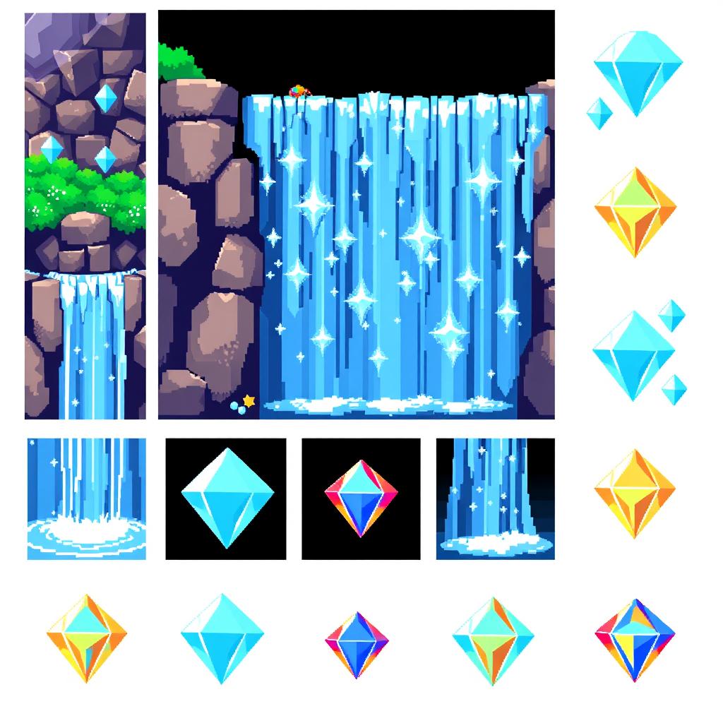 A pixel art spritesheet of a waterfall with diamonds, featuring cascading clear water and sparkling gemstones