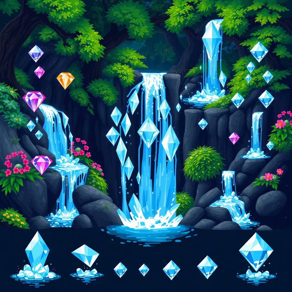 A pixel art spritesheet depicting a shimmering waterfall made of diamonds, showcasing various frames of cascading diamond water in different animations