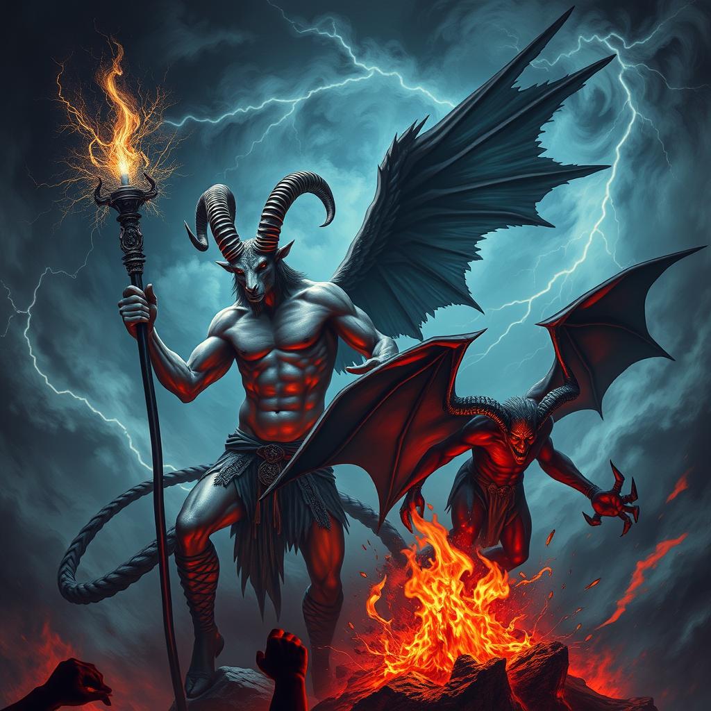An epic and dramatic showdown between Baphomet and Satan in a dark mystical setting
