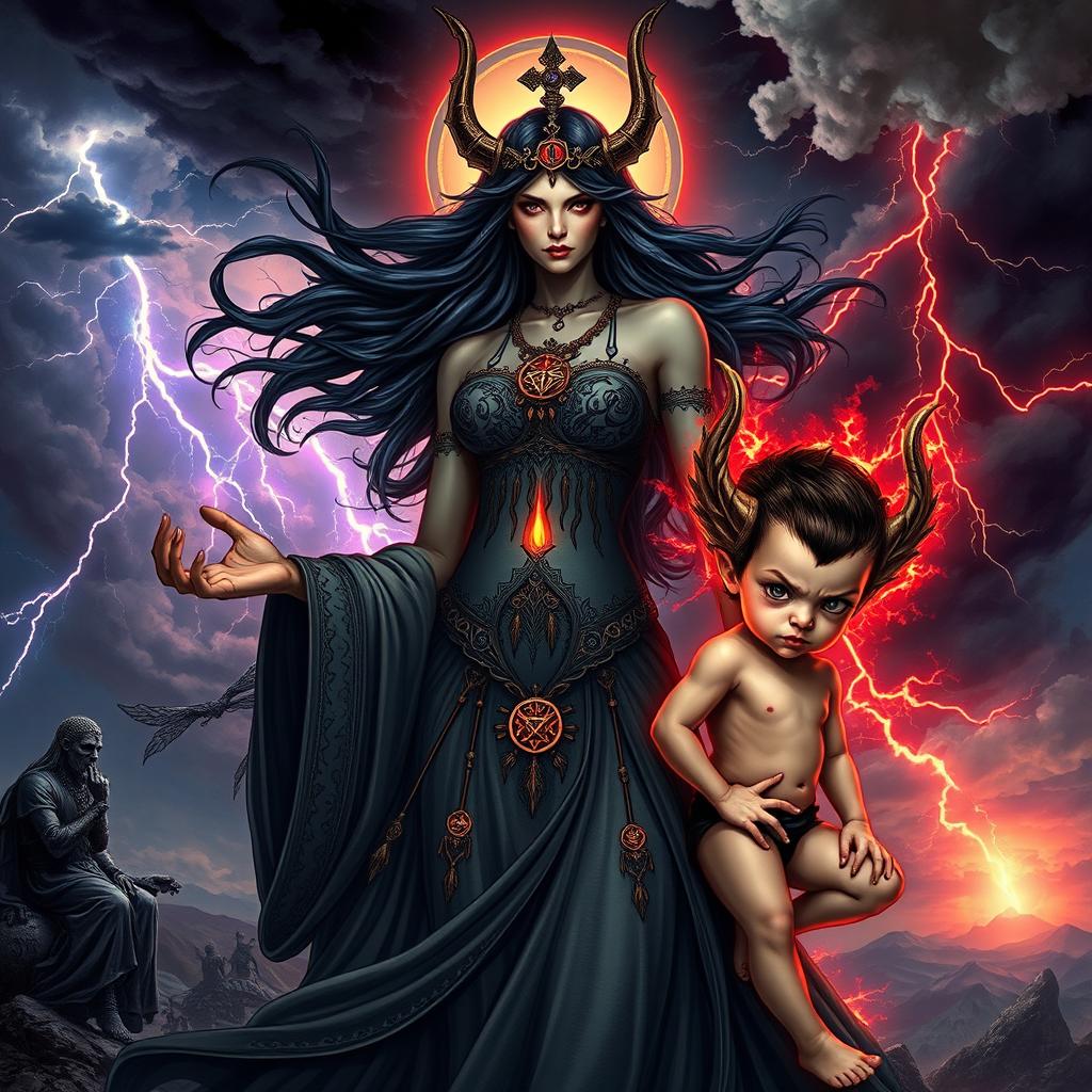 A striking and dramatic depiction of Goddess Lilith embodying strength and beauty, alongside the symbolic representation of the Antichrist