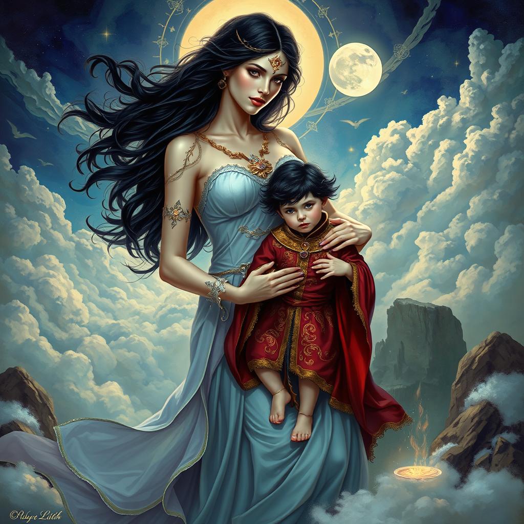 A mythical scene depicting Goddess Lilith, an enchanting figure with flowing dark hair, adorned in a celestial and elegant attire that reflects her ancient goddess status