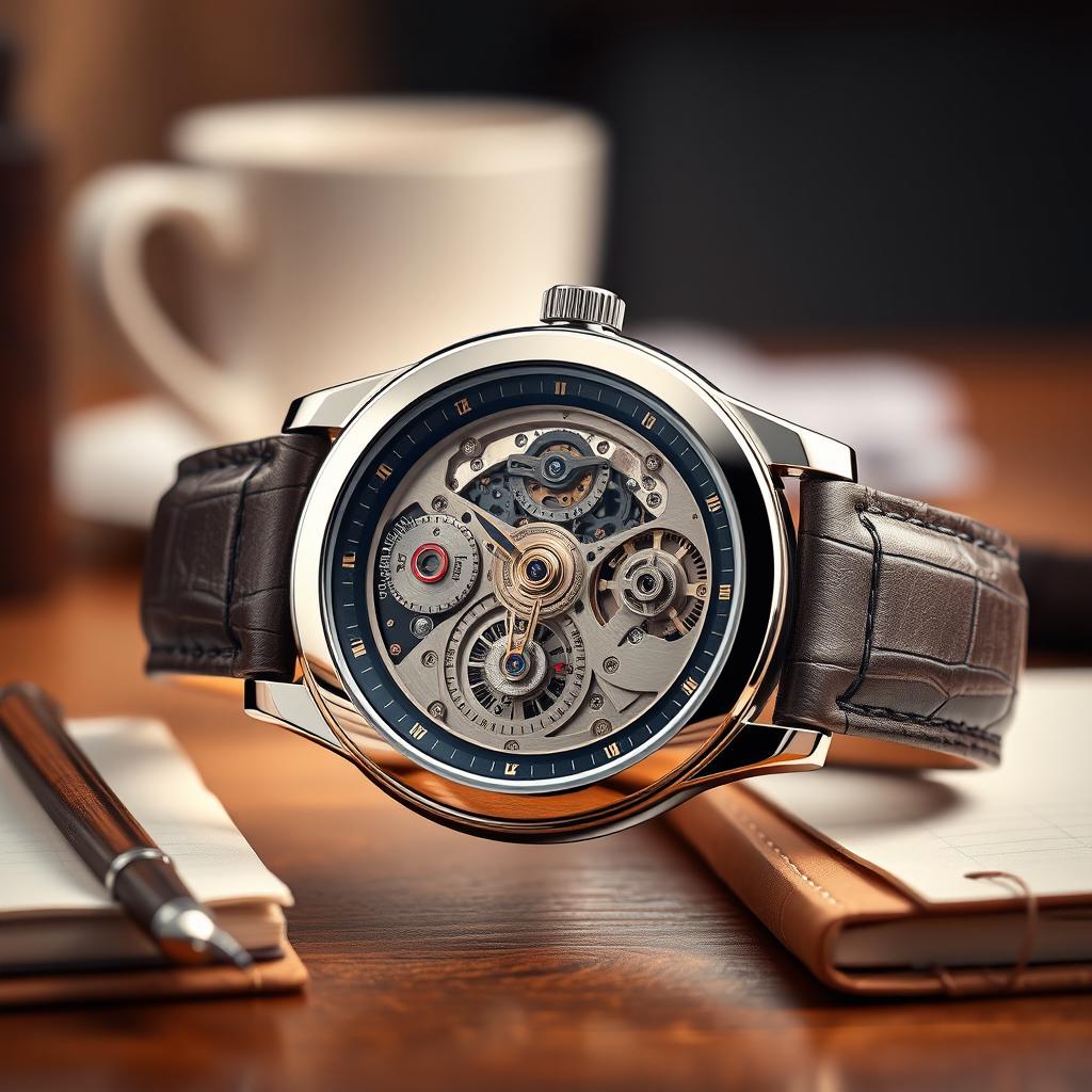 A stunning, meticulously detailed wristwatch with a luxurious design, showcasing intricate gears and mechanisms through a transparent back