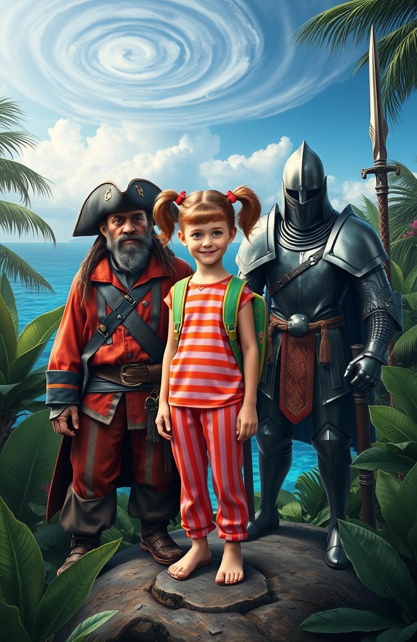 A hyper-realistic scene featuring a young girl with pigtails, dressed in vibrant orange and pink striped pajamas, standing confidently between a fearsome pirate and a noble knight on a lush tropical island
