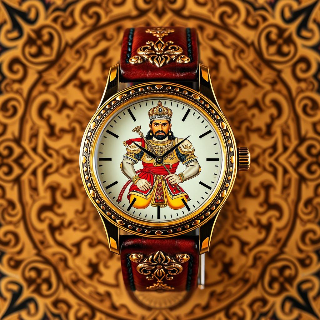 A traditional wristwatch featuring a beautifully crafted dial that depicts Maharana Pratap, set against an intricate background that showcases elements of Rajasthani culture
