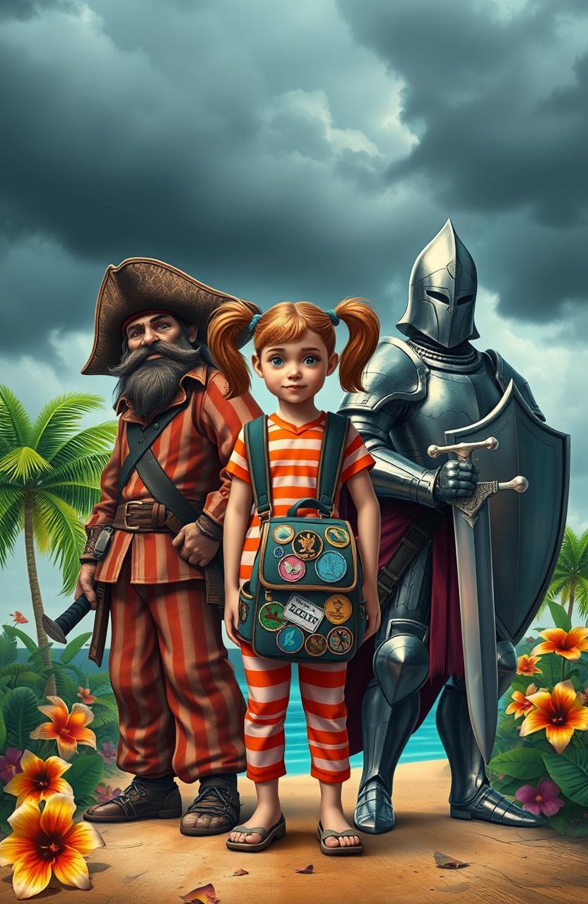 A semi-realistic young girl with pigtails, dressed in orange and pink striped pajamas, is standing confidently between a rugged pirate and a noble knight on a tropical island