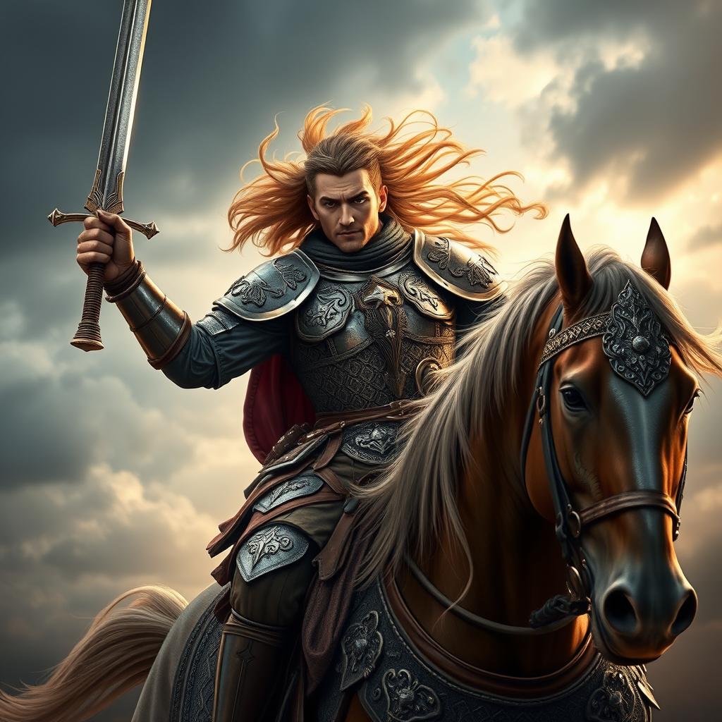 A majestic horse warrior clad in intricately designed armor, wielding a gleaming sword raised triumphantly
