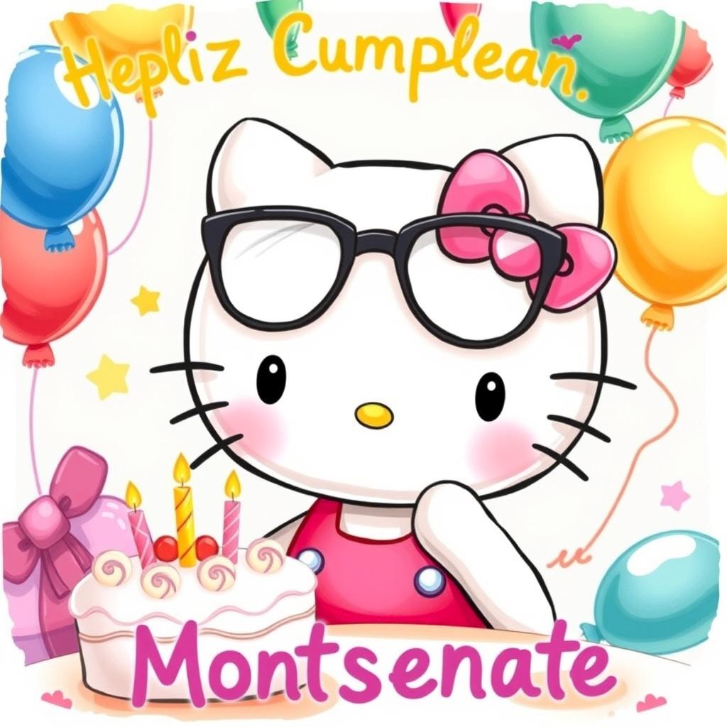 A cute and whimsical illustration of Hello Kitty wearing stylish glasses, surrounded by colorful birthday decorations like balloons and a cake