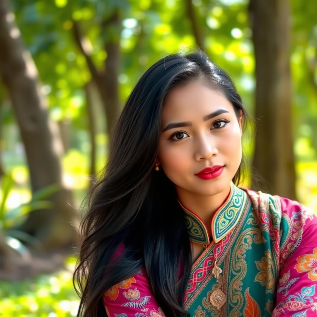 A beautiful Thai woman with striking features, sitting gracefully in a serene outdoor setting, surrounded by lush greenery