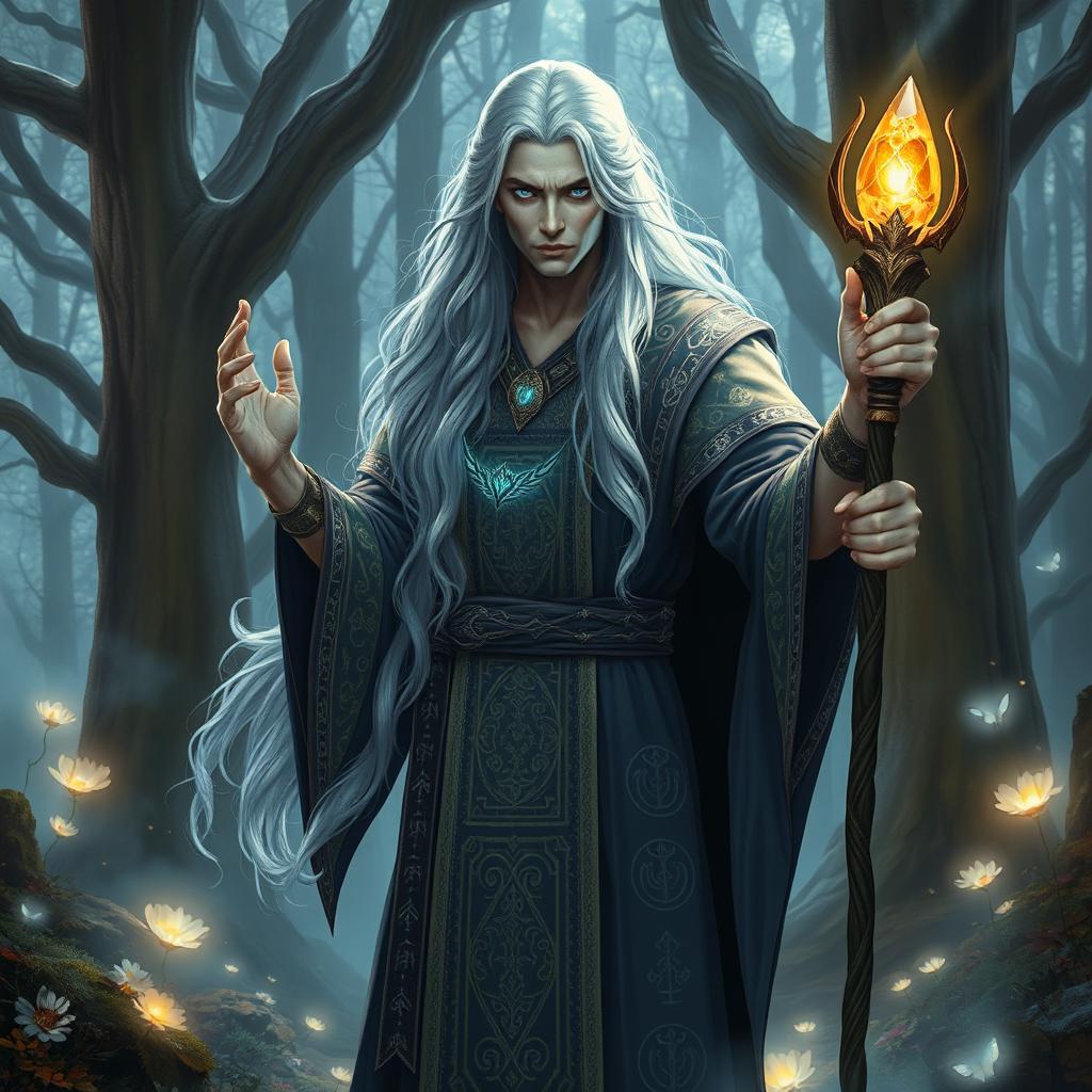 A powerful Kalashtar sorcerer standing in a mystical forest, with ethereal energy surrounding them