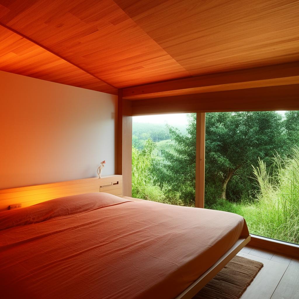 Minimalist bedroom with a wooden bed, bright lighting. Room includes perfect vibrant furnishings shot as if for an interior design photo. Include a window showing an external view, ensuring spacious appeal.