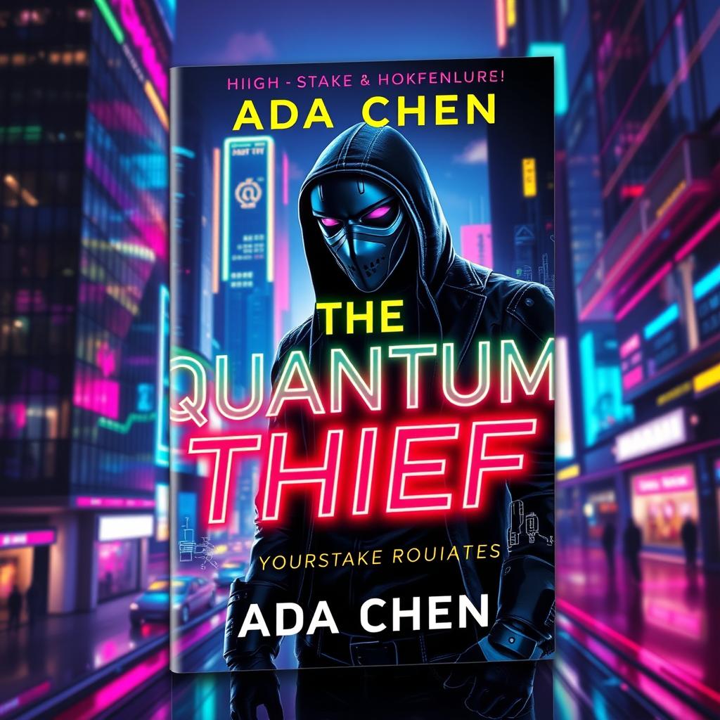 A captivating book cover design for "The Quantum Thief" by Ada Chen, featuring a futuristic cyberpunk theme