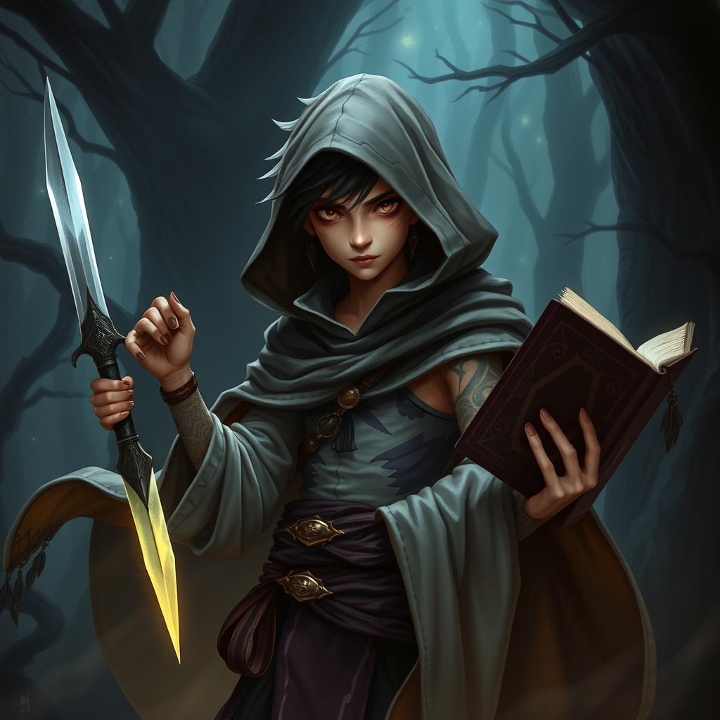 A young Kalashtar sorcerer holding a dagger in one hand and a spellbook in the other, exuding an air of mystery and darkness