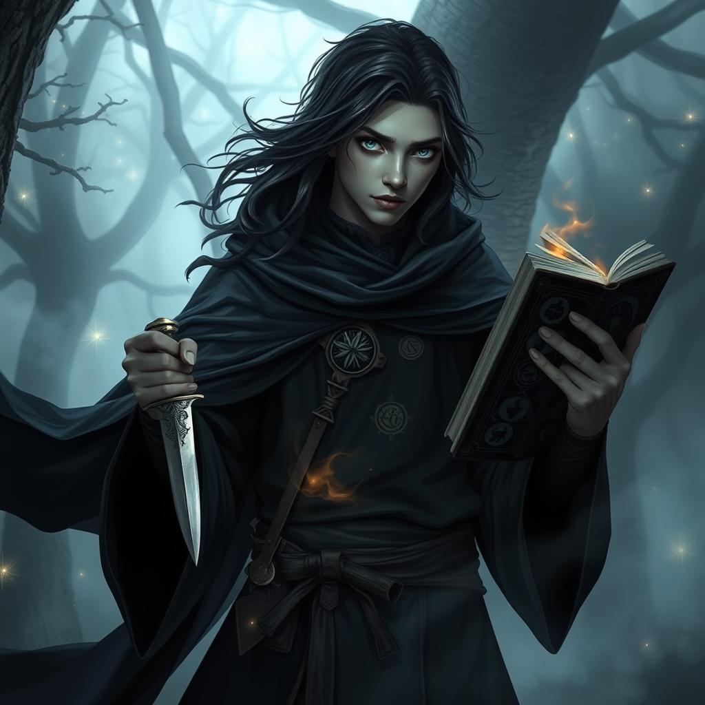A 20-year-old Kalashtar sorcerer holding a dagger in one hand and a spellbook in the other, emanating mystery and darkness