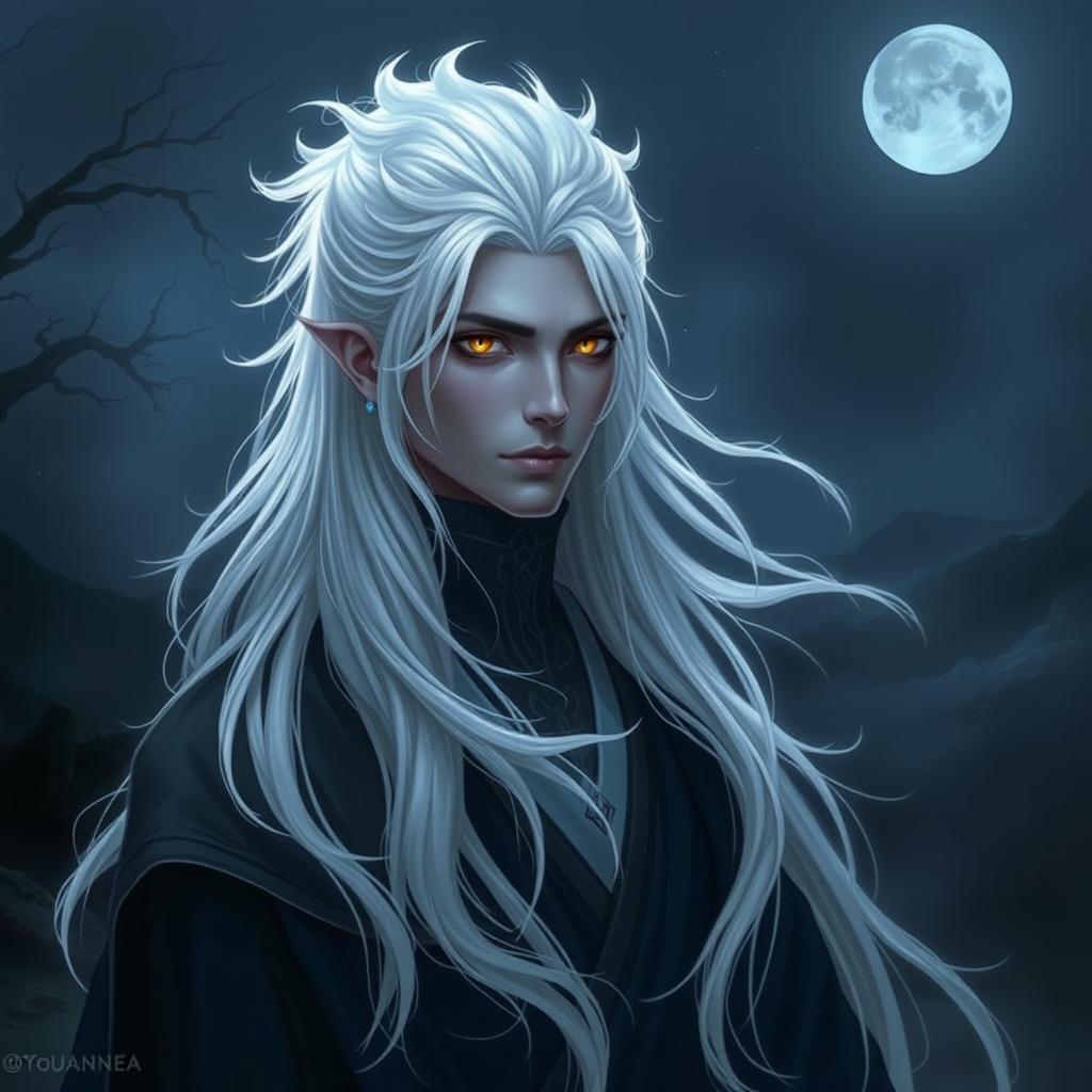 A mysterious and serene Kalashtar with striking white hair, embodying an aura of calmness and depth