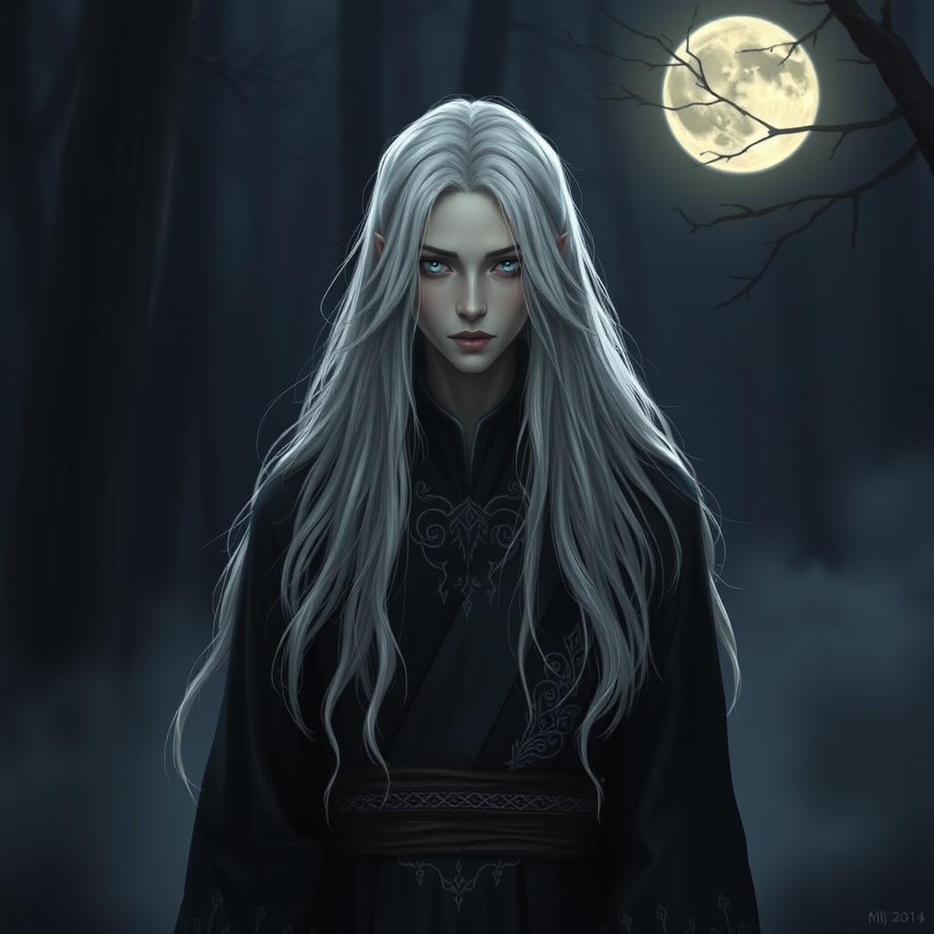 A mysterious and serene Kalashtar with striking white hair, exuding tranquility and depth