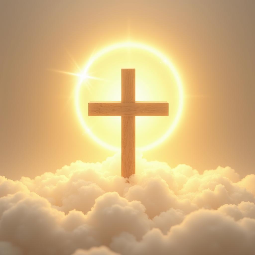 A beautiful golden halo with a soft glow, featuring a light brown wooden cross elegantly placed through the center of the halo