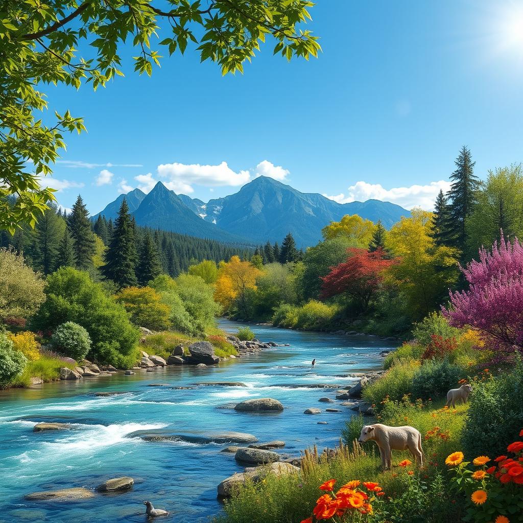 A serene and vibrant landscape filled with lush green trees and colorful flowers, representing an abundance of resources in nature
