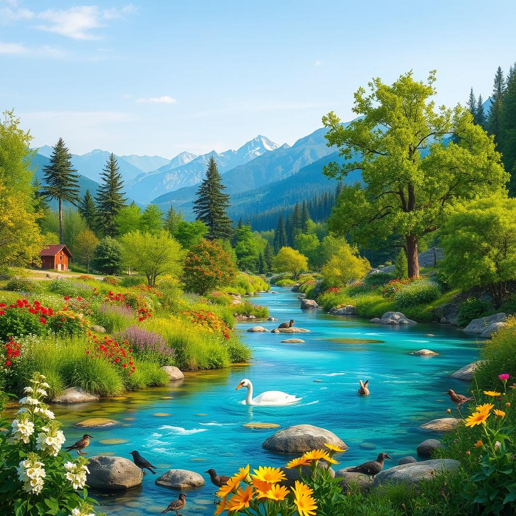 A serene and vibrant landscape filled with lush green trees and colorful flowers, representing an abundance of resources in nature