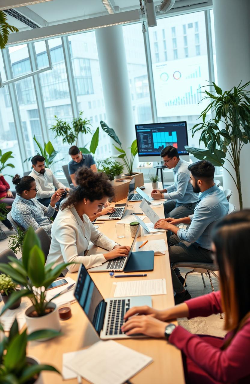 A professional office environment showcasing a modern workspace, featuring diverse individuals engaged in various tasks such as typing on laptops, analyzing data, and collaborating in meetings