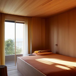 Minimalist bedroom with a wooden bed, bright lighting. Room includes perfect vibrant furnishings shot as if for an interior design photo. Include a window showing an external view, ensuring spacious appeal.