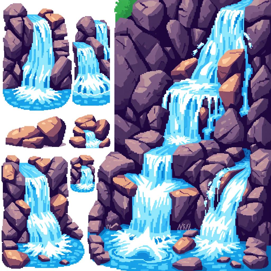 A vibrant pixel art spritesheet featuring a beautiful cascading waterfall surrounded by rugged rocks