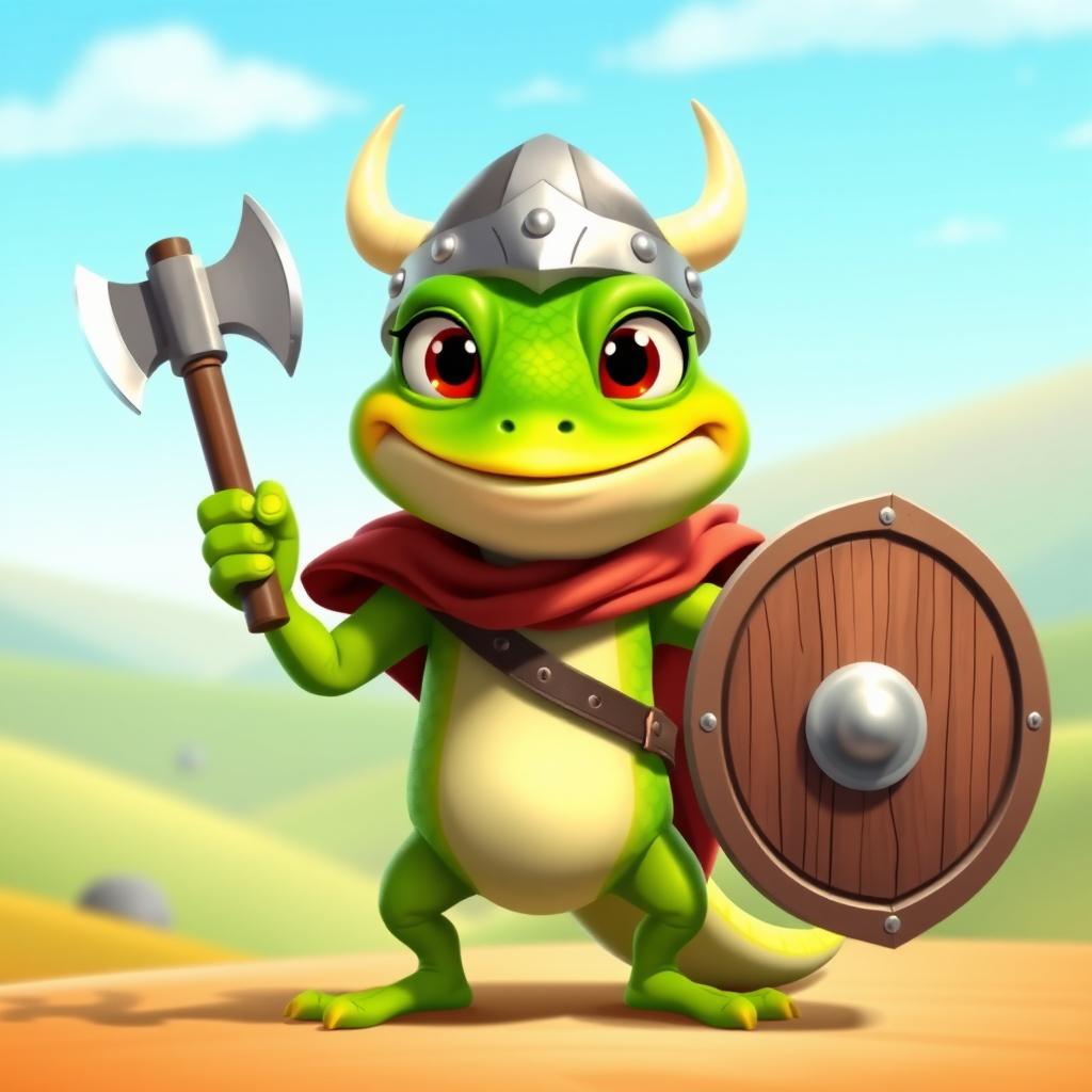 A whimsical Pixar-style emote featuring a cheerful lizard dressed as a Viking