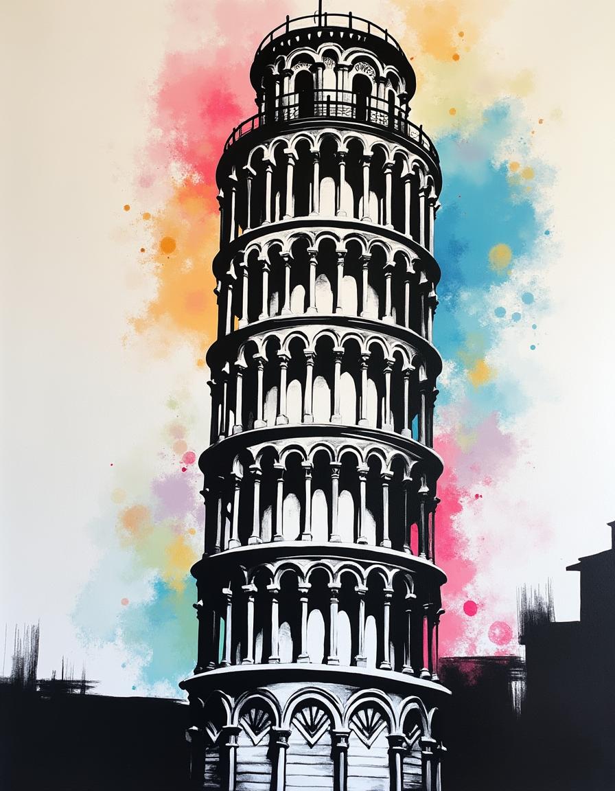 A stunning abstract representation of the Leaning Tower of Pisa, featuring bold and large brush strokes