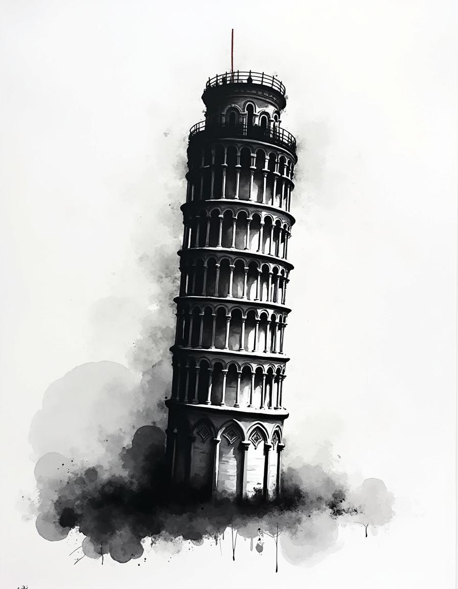 A highly abstract representation of the Leaning Tower of Pisa, dominated by large, expressive brush strokes