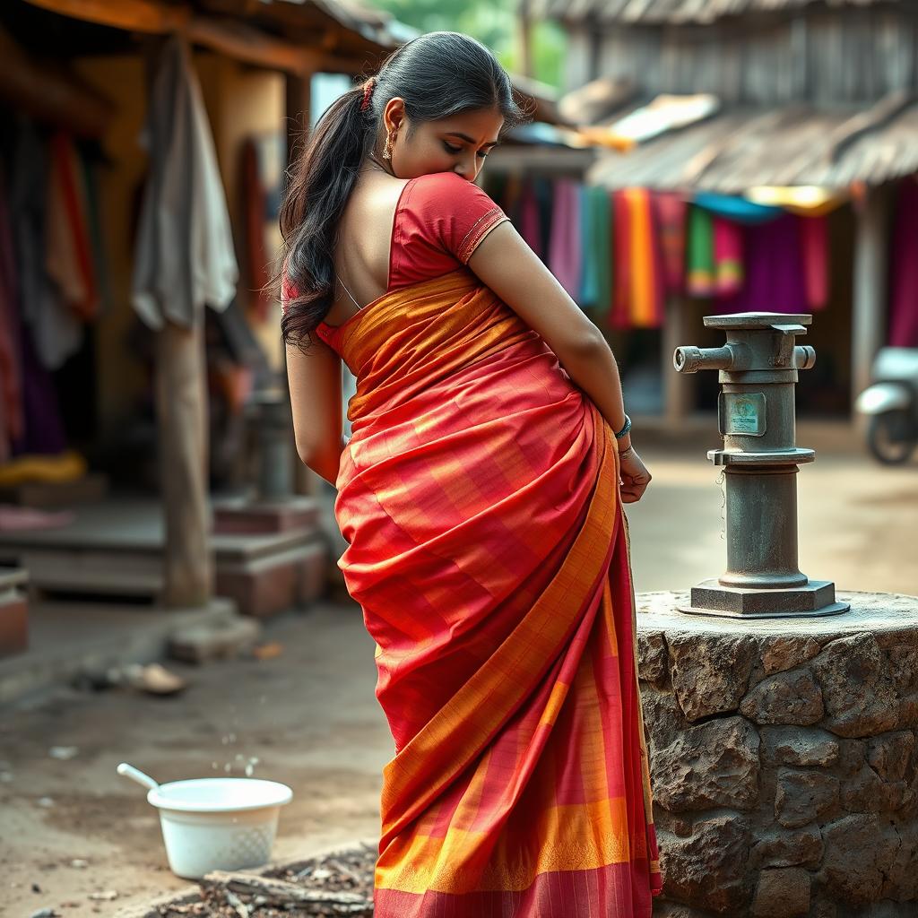 An Indian woman elegantly washing clothes at a village pumpset, dressed in a vibrant traditional saree that accentuates her natural curves beautifully