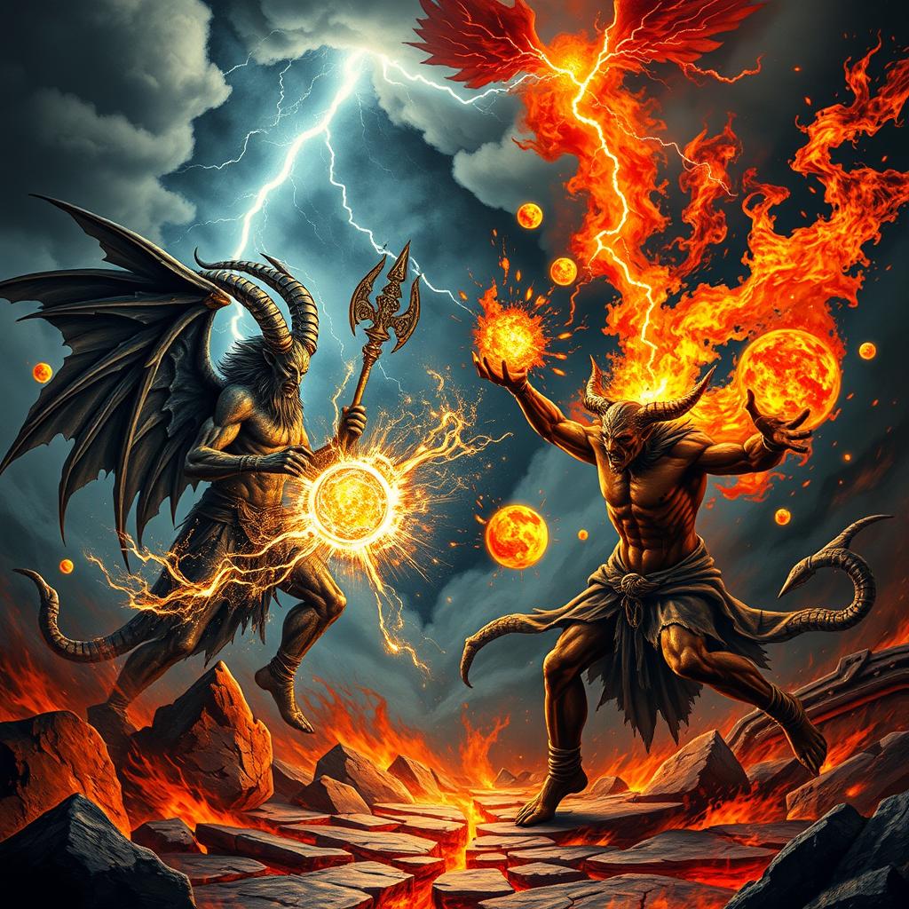 A continuation of the intense battle scene between Baphomet and Satan, showcasing an epic clash of powers