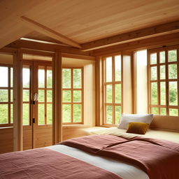 A beautifully windowed bedroom featuring a wooden bed. The room is brightly lit with vibrant and perfect furnishings, showcasing an enticing piece of interior design.