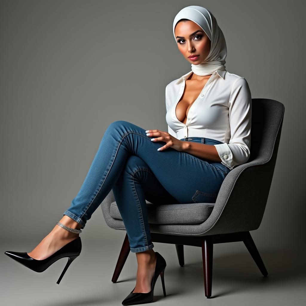 A full photo view of a 45-year-old European woman seated on a stylish chair, exuding confidence and allure