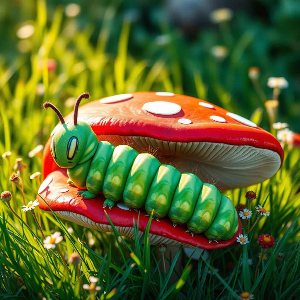 A plump, vibrant green caterpillar resting comfortably on a large, colorful mushroom