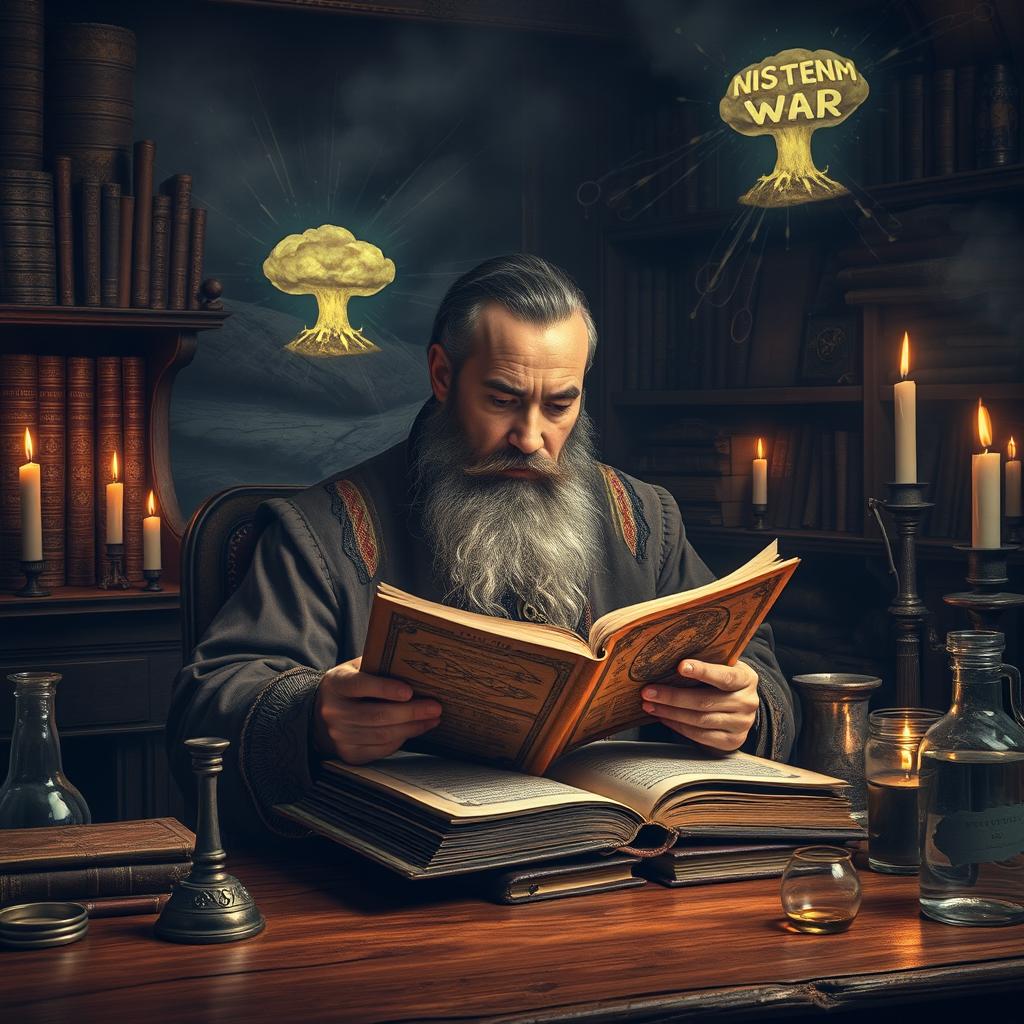 An alchemist resembling Nostradamus in a medieval laboratory filled with ancient books and glass vials